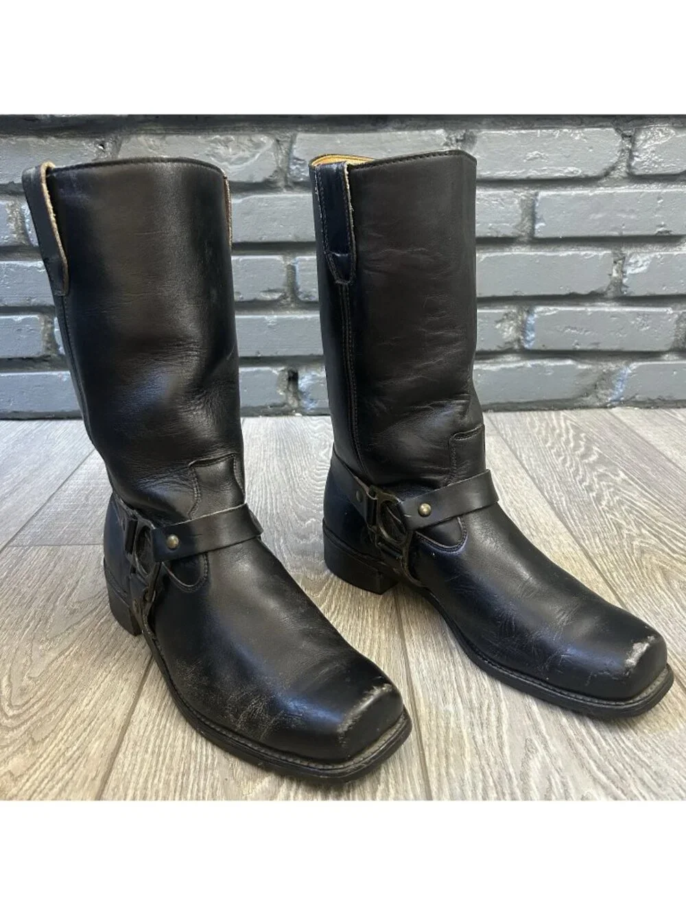 Hanover Vintage Buckle Harness Black Square Toe Moto Boots Mens 11 D